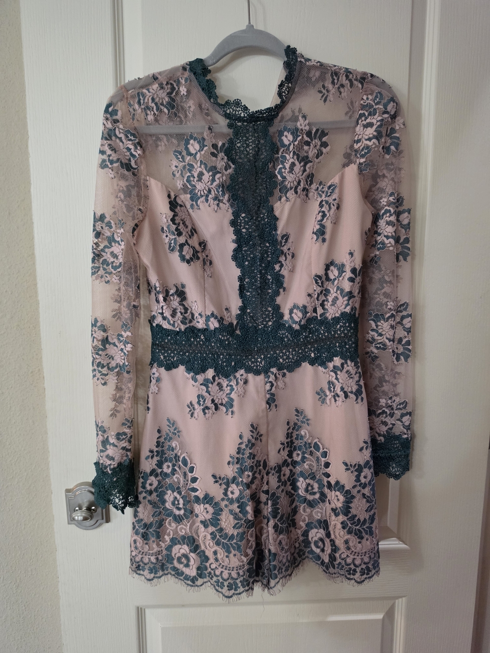 Lace Overlay Long-Sleeve Mini Dress in Blush and Teal